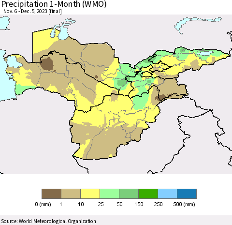 Central Asia Precipitation 1-Month (WMO) Thematic Map For 11/6/2023 - 12/5/2023
