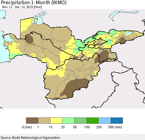 Central Asia Precipitation 1-Month (WMO) Thematic Map For 11/11/2023 - 12/10/2023