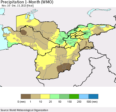 Central Asia Precipitation 1-Month (WMO) Thematic Map For 11/16/2023 - 12/15/2023