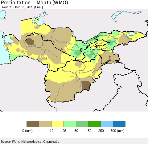 Central Asia Precipitation 1-Month (WMO) Thematic Map For 11/21/2023 - 12/20/2023