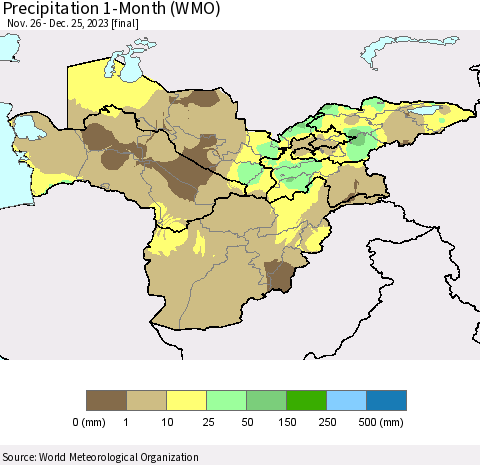 Central Asia Precipitation 1-Month (WMO) Thematic Map For 11/26/2023 - 12/25/2023
