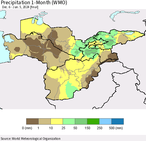 Central Asia Precipitation 1-Month (WMO) Thematic Map For 12/6/2023 - 1/5/2024