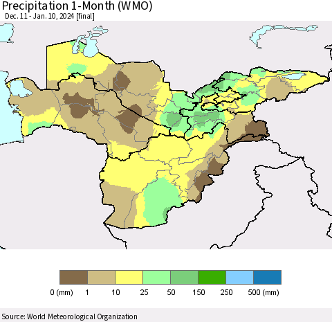 Central Asia Precipitation 1-Month (WMO) Thematic Map For 12/11/2023 - 1/10/2024