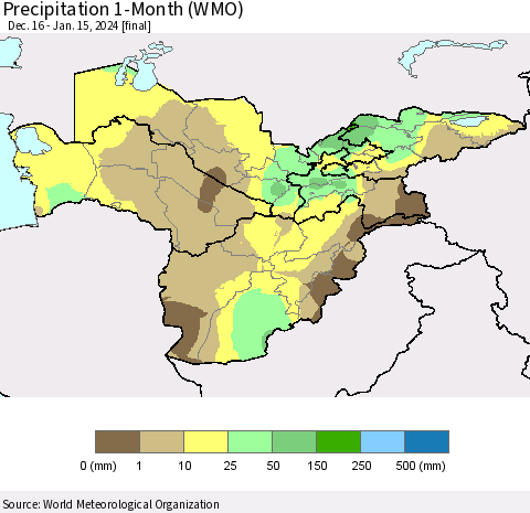 Central Asia Precipitation 1-Month (WMO) Thematic Map For 12/16/2023 - 1/15/2024