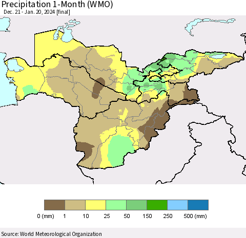 Central Asia Precipitation 1-Month (WMO) Thematic Map For 12/21/2023 - 1/20/2024