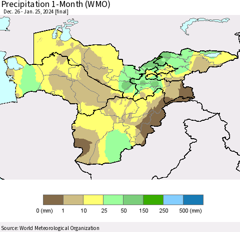 Central Asia Precipitation 1-Month (WMO) Thematic Map For 12/26/2023 - 1/25/2024