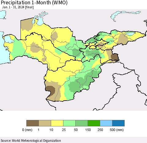 Central Asia Precipitation 1-Month (WMO) Thematic Map For 1/1/2024 - 1/31/2024