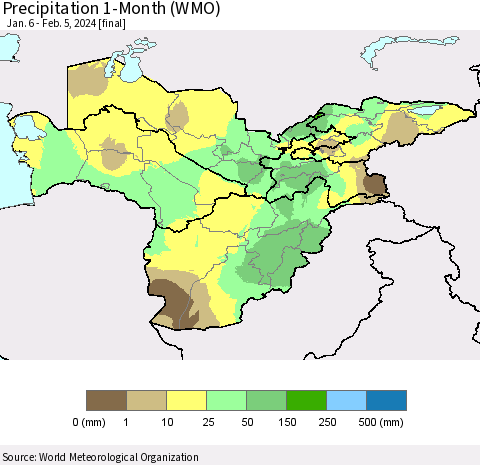 Central Asia Precipitation 1-Month (WMO) Thematic Map For 1/6/2024 - 2/5/2024