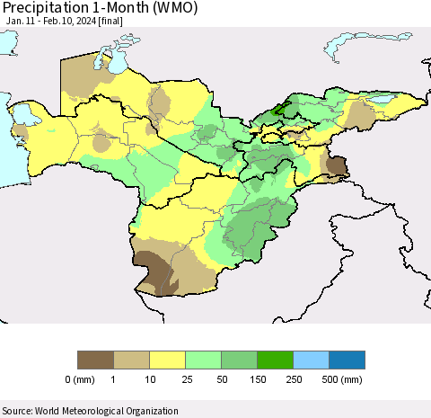 Central Asia Precipitation 1-Month (WMO) Thematic Map For 1/11/2024 - 2/10/2024