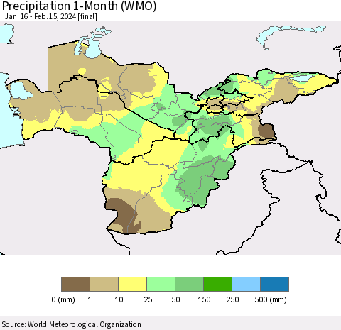 Central Asia Precipitation 1-Month (WMO) Thematic Map For 1/16/2024 - 2/15/2024