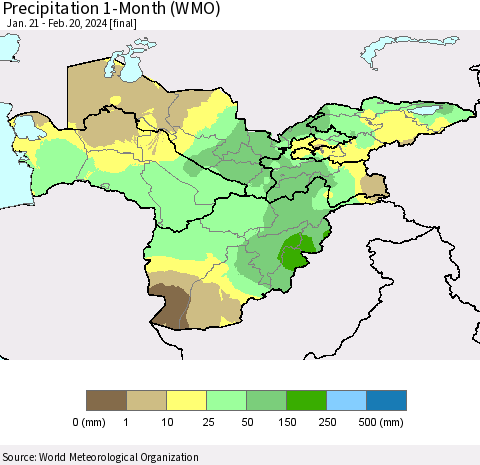 Central Asia Precipitation 1-Month (WMO) Thematic Map For 1/21/2024 - 2/20/2024