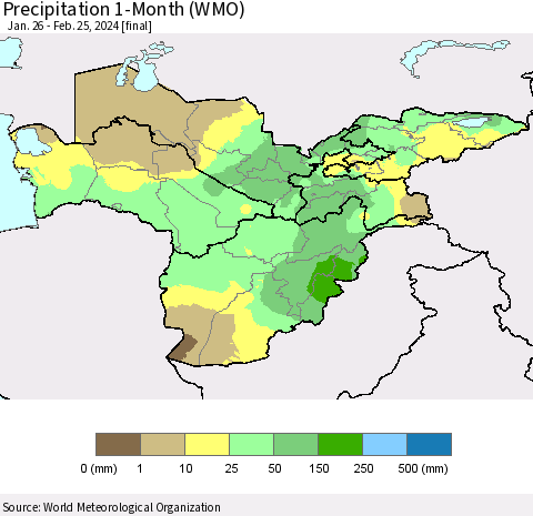 Central Asia Precipitation 1-Month (WMO) Thematic Map For 1/26/2024 - 2/25/2024