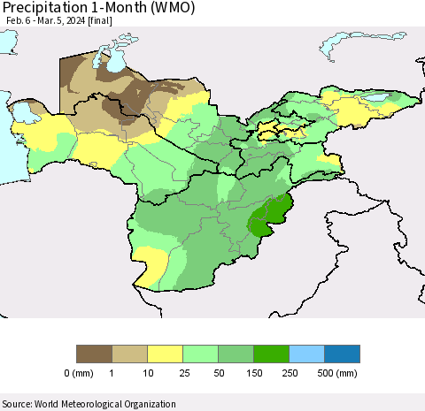 Central Asia Precipitation 1-Month (WMO) Thematic Map For 2/6/2024 - 3/5/2024