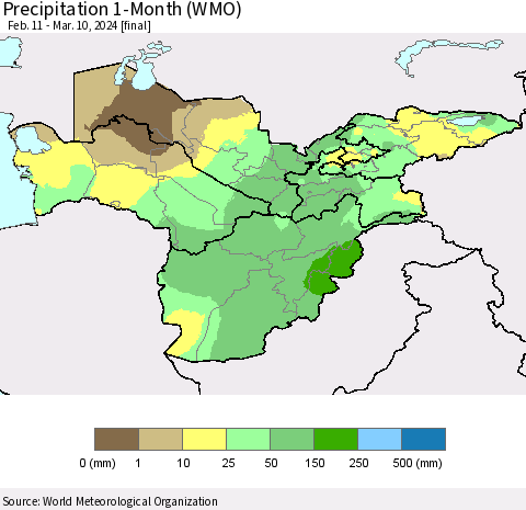 Central Asia Precipitation 1-Month (WMO) Thematic Map For 2/11/2024 - 3/10/2024