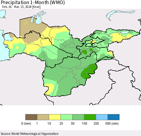 Central Asia Precipitation 1-Month (WMO) Thematic Map For 2/16/2024 - 3/15/2024