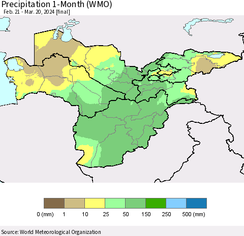 Central Asia Precipitation 1-Month (WMO) Thematic Map For 2/21/2024 - 3/20/2024