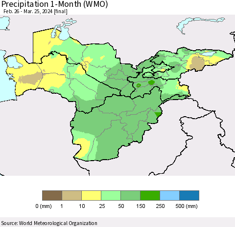 Central Asia Precipitation 1-Month (WMO) Thematic Map For 2/26/2024 - 3/25/2024