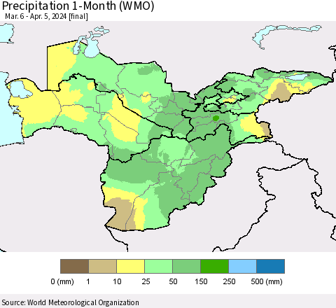 Central Asia Precipitation 1-Month (WMO) Thematic Map For 3/6/2024 - 4/5/2024