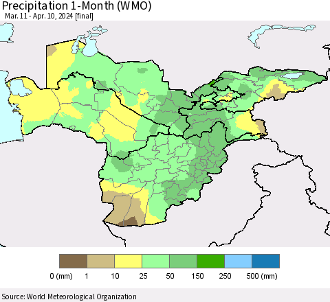 Central Asia Precipitation 1-Month (WMO) Thematic Map For 3/11/2024 - 4/10/2024