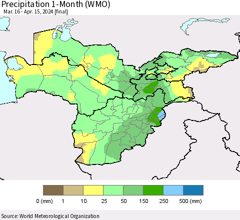 Central Asia Precipitation 1-Month (WMO) Thematic Map For 3/16/2024 - 4/15/2024