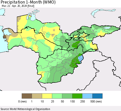 Central Asia Precipitation 1-Month (WMO) Thematic Map For 3/21/2024 - 4/20/2024