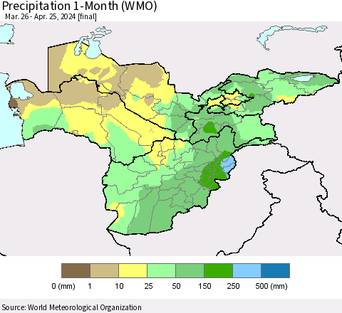 Central Asia Precipitation 1-Month (WMO) Thematic Map For 3/26/2024 - 4/25/2024