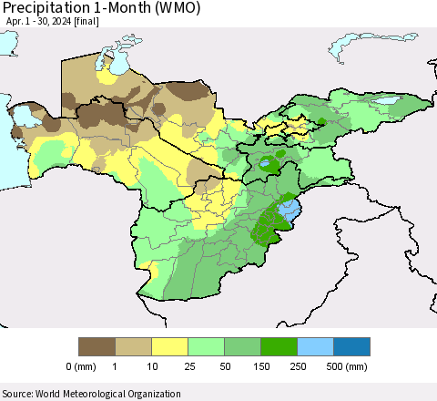 Central Asia Precipitation 1-Month (WMO) Thematic Map For 4/1/2024 - 4/30/2024