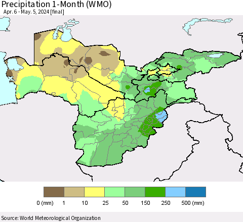 Central Asia Precipitation 1-Month (WMO) Thematic Map For 4/6/2024 - 5/5/2024