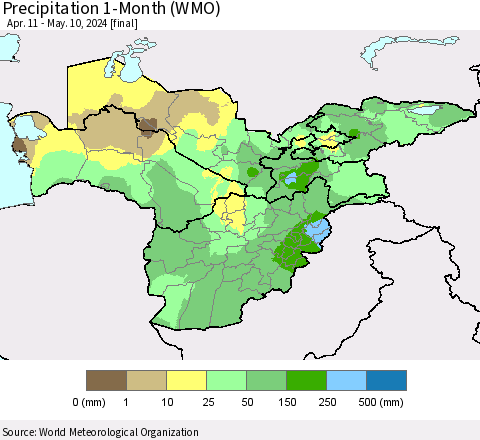 Central Asia Precipitation 1-Month (WMO) Thematic Map For 4/11/2024 - 5/10/2024