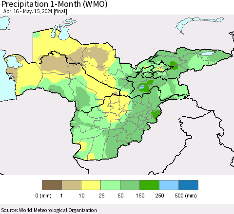 Central Asia Precipitation 1-Month (WMO) Thematic Map For 4/16/2024 - 5/15/2024