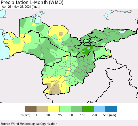 Central Asia Precipitation 1-Month (WMO) Thematic Map For 4/26/2024 - 5/25/2024