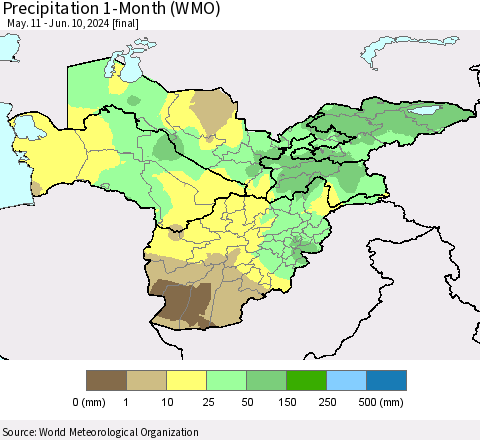 Central Asia Precipitation 1-Month (WMO) Thematic Map For 5/11/2024 - 6/10/2024