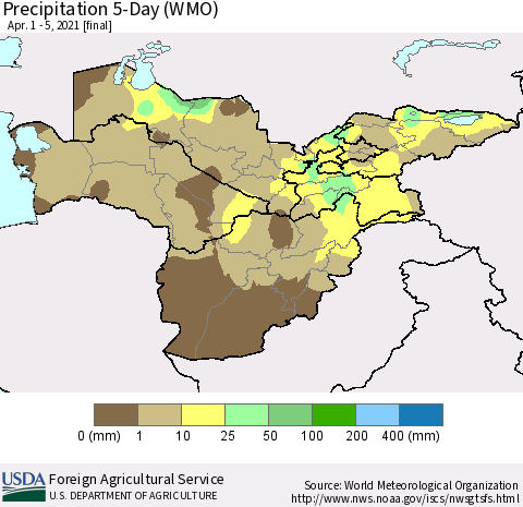 Central Asia Precipitation 5-Day (WMO) Thematic Map For 4/1/2021 - 4/5/2021