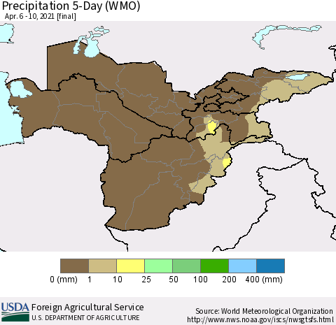 Central Asia Precipitation 5-Day (WMO) Thematic Map For 4/6/2021 - 4/10/2021