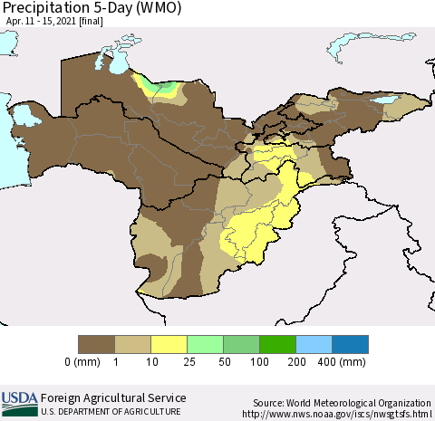 Central Asia Precipitation 5-Day (WMO) Thematic Map For 4/11/2021 - 4/15/2021