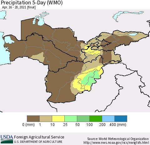 Central Asia Precipitation 5-Day (WMO) Thematic Map For 4/16/2021 - 4/20/2021