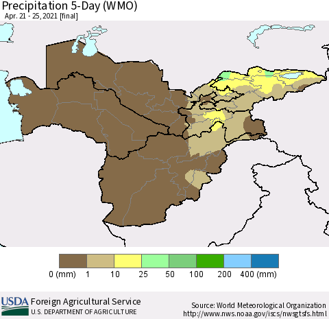Central Asia Precipitation 5-Day (WMO) Thematic Map For 4/21/2021 - 4/25/2021