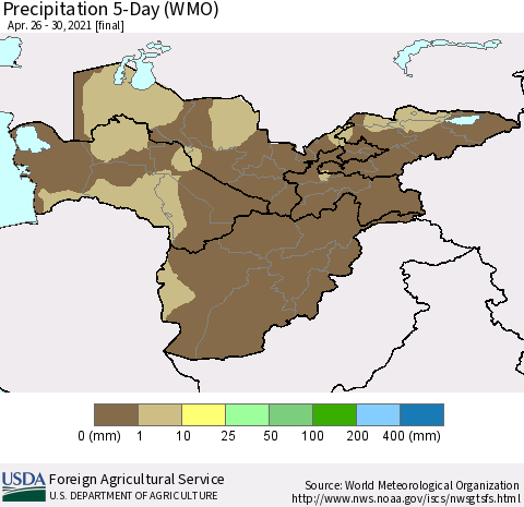 Central Asia Precipitation 5-Day (WMO) Thematic Map For 4/26/2021 - 4/30/2021
