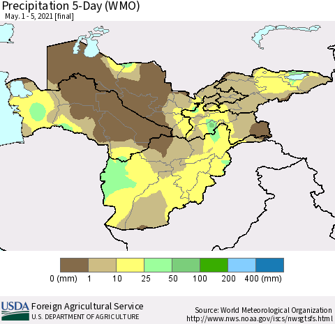 Central Asia Precipitation 5-Day (WMO) Thematic Map For 5/1/2021 - 5/5/2021