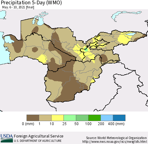 Central Asia Precipitation 5-Day (WMO) Thematic Map For 5/6/2021 - 5/10/2021