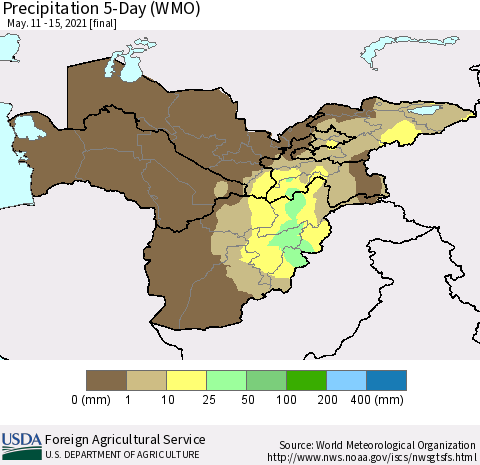 Central Asia Precipitation 5-Day (WMO) Thematic Map For 5/11/2021 - 5/15/2021