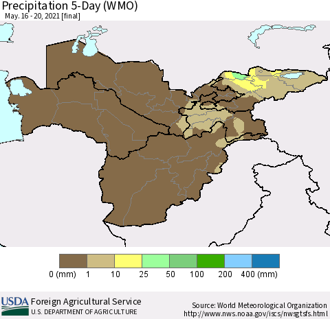 Central Asia Precipitation 5-Day (WMO) Thematic Map For 5/16/2021 - 5/20/2021