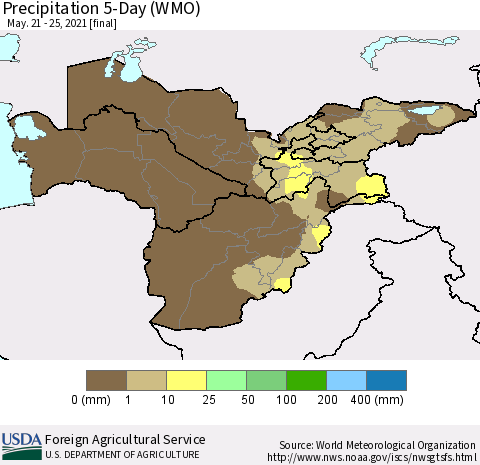 Central Asia Precipitation 5-Day (WMO) Thematic Map For 5/21/2021 - 5/25/2021