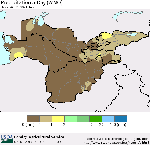 Central Asia Precipitation 5-Day (WMO) Thematic Map For 5/26/2021 - 5/31/2021