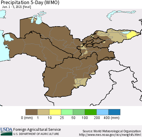 Central Asia Precipitation 5-Day (WMO) Thematic Map For 6/1/2021 - 6/5/2021