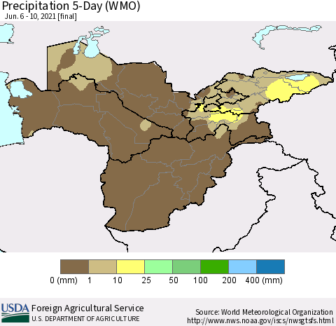 Central Asia Precipitation 5-Day (WMO) Thematic Map For 6/6/2021 - 6/10/2021