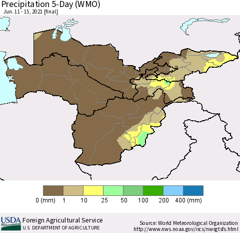 Central Asia Precipitation 5-Day (WMO) Thematic Map For 6/11/2021 - 6/15/2021