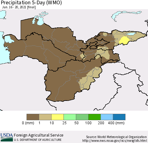 Central Asia Precipitation 5-Day (WMO) Thematic Map For 6/16/2021 - 6/20/2021