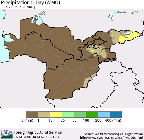Central Asia Precipitation 5-Day (WMO) Thematic Map For 6/21/2021 - 6/25/2021