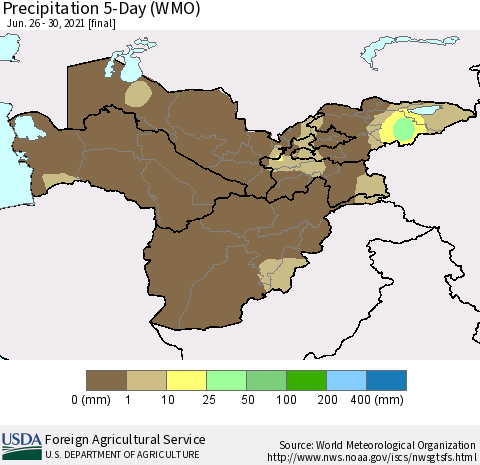 Central Asia Precipitation 5-Day (WMO) Thematic Map For 6/26/2021 - 6/30/2021